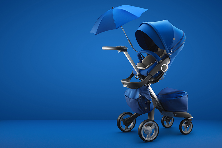 Stokke® Xplory® with Stokke® Stroller Seat, Cobalt Blue.